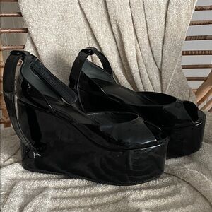 Celine Glossy Black Wedge Sandals